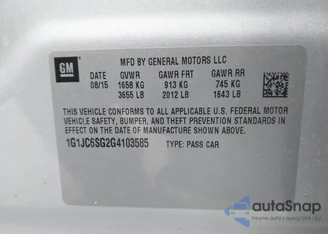 2016 Chevrolet Sonic Lt Auto from USA, damaged, VIN 1G1JC6SG2G4103585